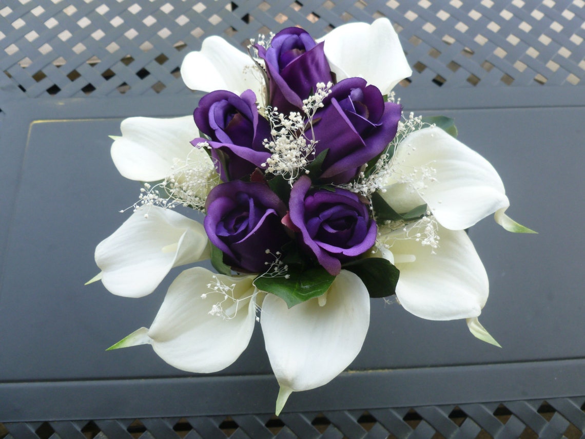 Real Touch Calla Lily and Silk Purple Rose Bouquet With Etsy Hong Kong