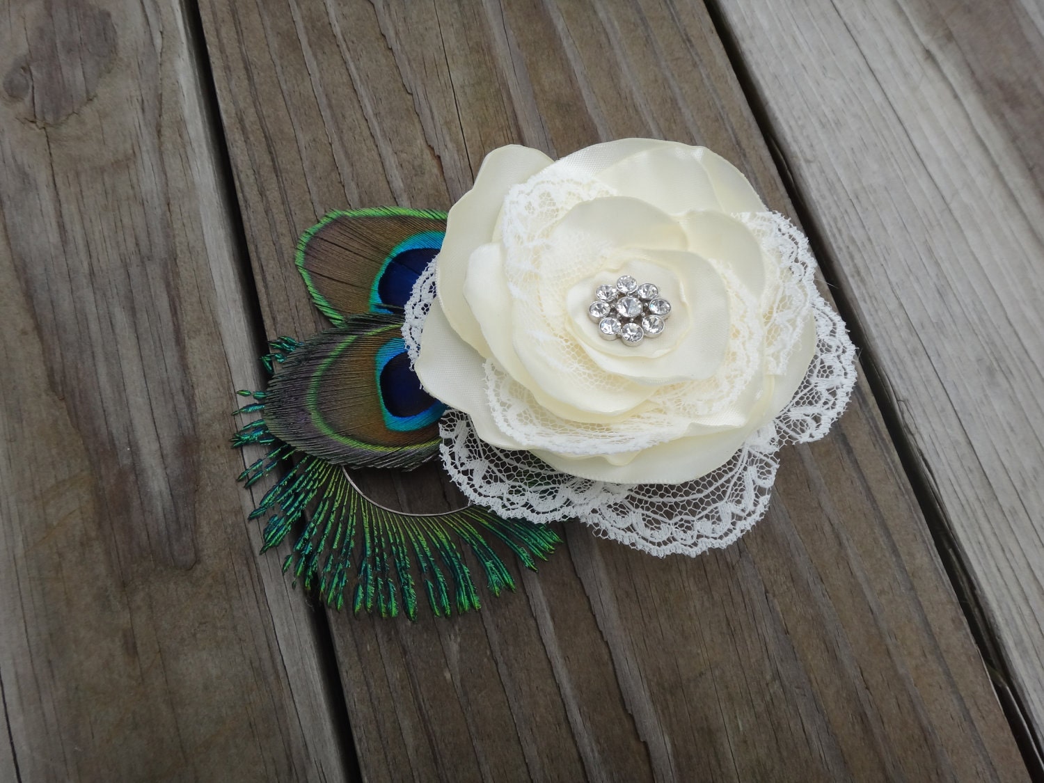 Bridal Ivory Satin Lace Flower Hair Clip Accented With a Etsy