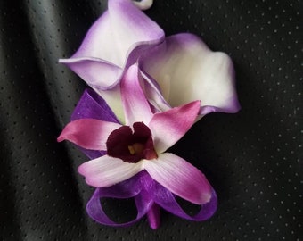 Purple, lavender, Calla lily orchid corsage, real touch calla lilies