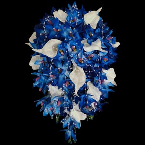 Ramo de novia en cascada con orquídeas azules, ramo de novia artificial