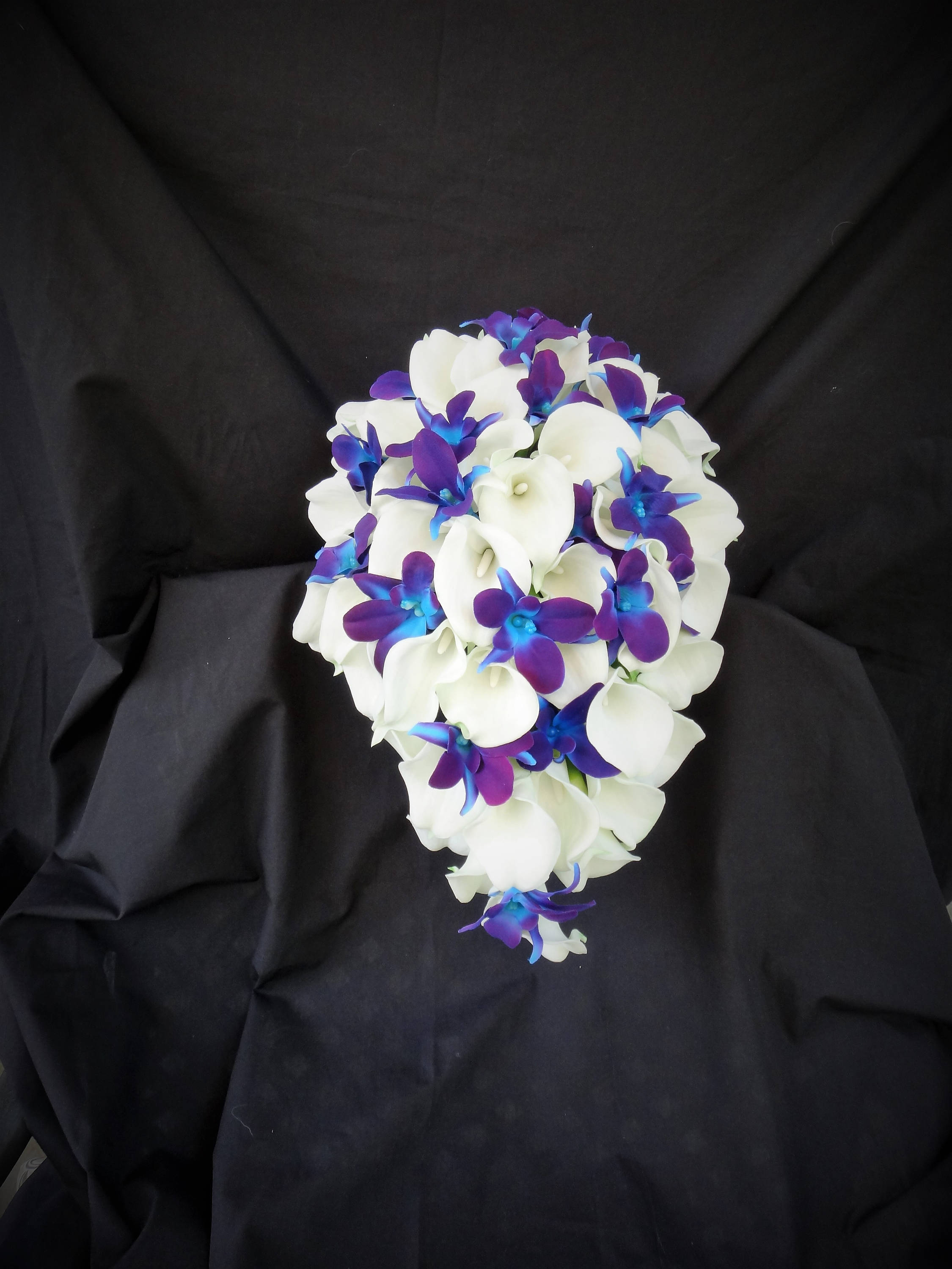 SILK WEDDING BOUQUET BLUE ORCHID TEARDROP CREAM WHITE ROSES FLOWERS BOUQUETS SET 