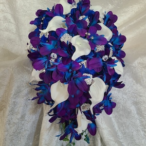 Galaxy orchid bridal bouquet, purple blue bridal bouquet, cascading bouquet