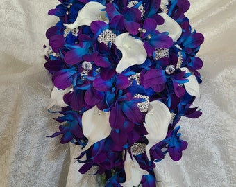 Galaxy orchid bridal bouquet, purple blue bridal bouquet, cascading bouquet