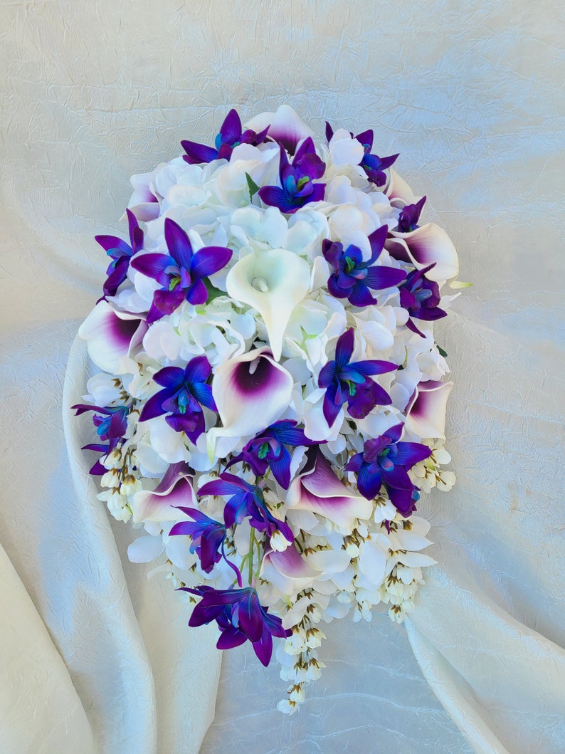 Cascading Purple blue dendrobium orchid bouquet, hydrangeas, wisterias, picasso calla lilies image 2