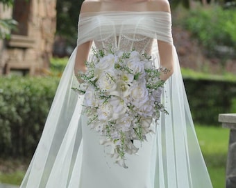 Ivory, white cascading bridal bouquet, calla lily, rose, lilies of the valley, artificial flowers, silk flowers,real touch calla