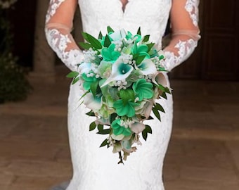 Cascading Beach Bouquet Tropical Wedding Flower Arrangement Mint Green Calla Lily Exotic Bridal Plumeria Design Destination Ceremony