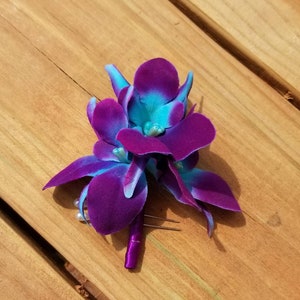 Purple blue, turquoise orchid boutonniere, galaxy orchid, artificial orchid boutonniere, bottom hole, corsage, singapore, island orchid,silk