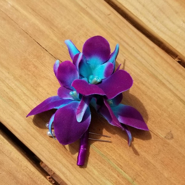 Bleu violet, boutonnière d'orchidée turquoise, orchidée de galaxie, boutonnière d'orchidée artificielle, trou de fond, corsage, singapour, orchidée d'île, soie