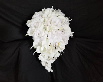 White cascading bridal bouquet, real touch calla lily, white roses, orchid cascade bride bouquet with artificial flowers