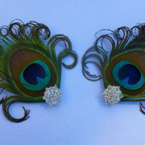 May include: Two peacock feather hair clips with jeweled accents. The feathers are green, blue, and brown with a peacock eye design. The jeweled accents are silver and have a clear crystal design.