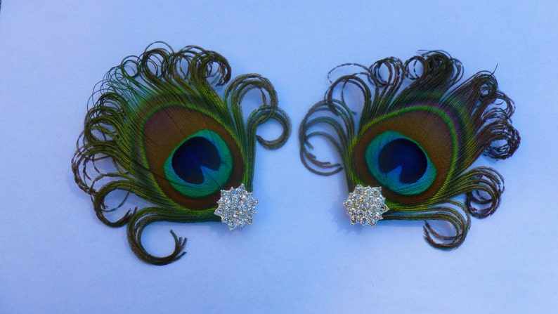 May include: Two peacock feather hair clips with jeweled accents. The feathers are green, blue, and brown with a peacock eye design. The jeweled accents are silver and have a clear crystal design.