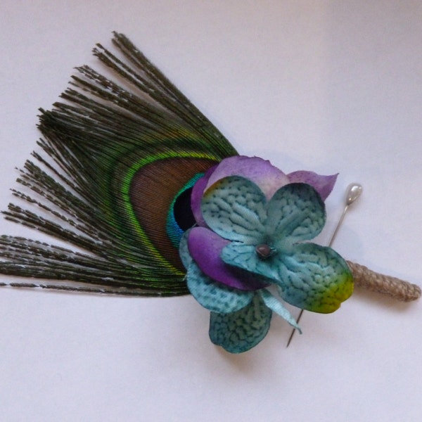 Peacock hydrangea boutonniere with jute, burlap,  rustic country boutonniere Customizable