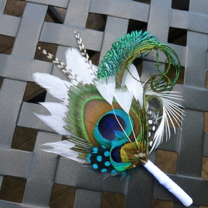 Peacock  boutonniere, white feather, customize ribbon color to match your wedding colors