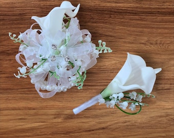 Wedding Flower Set Calla Lily Corsage Boutonniere White Pearl Accent Bridal Party Formal Event Wrist Decoration Elegant Bride Groom