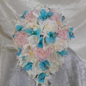 Ivory, pink, aqua blue cascading bridal bouquet, calla lily, rose, bridal bouquet with artificial flowers, silk flowers,real touch calla image 7