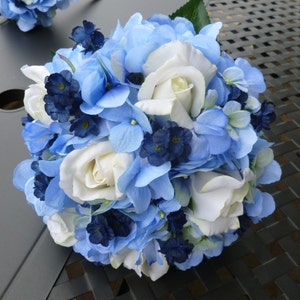 Blue Hydrangea bouquet with white roses,navy blue accent, Available in more colors