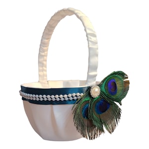 Flower girl basket, customizable, peacock feather teal accent basket