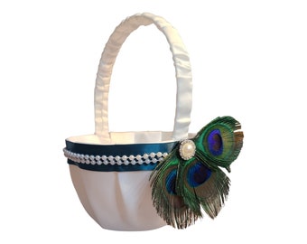 Flower girl basket, customizable, peacock feather teal accent basket