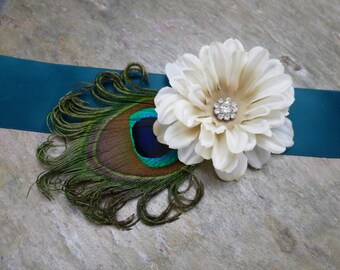 Peacock Sash pin, hair clip, bridesmaids, flower girls sash, avlbl in more colors