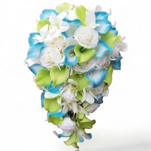 Green turquoise cascading bouquet with real touch roses , callas and orchids