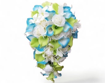 Green turquoise cascading bouquet with real touch roses , callas and orchids