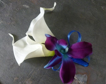 Calla lily, galaxy orchid boutonniere, corsage, real touch calla lilies