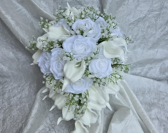 Ivory, white cascading bridal bouquet, calla lily, rose, babys breath, artificial flowers, silk flowers,real touch calla