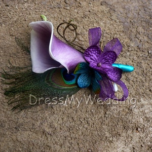 Picasso calla lily peacock corsage, boutonniere with hydrangea accent,  customizable