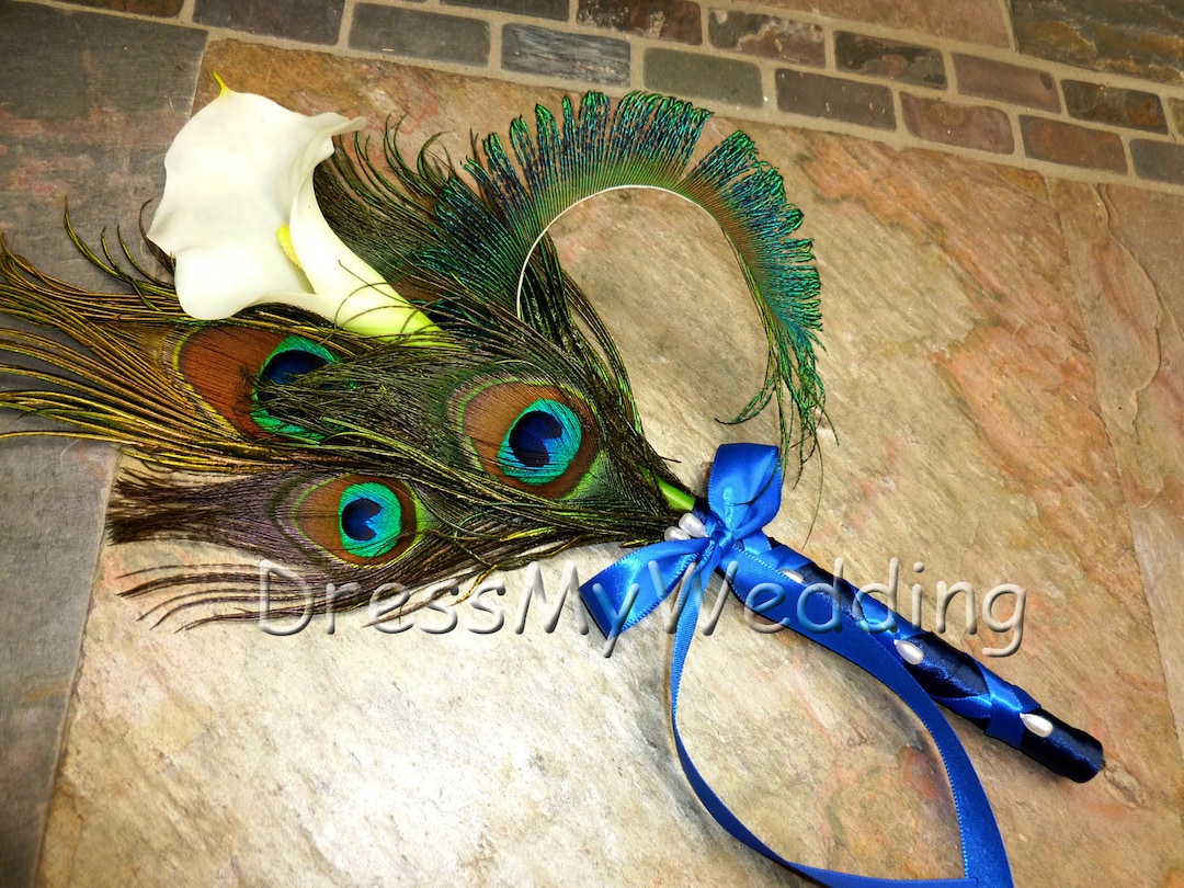 Bridesmaids Calla Lily Peacock Feather Bouquet, Customize to Match Your ...