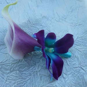 Picasso Calla lily galaxy orchid boutonniere, real touch calla lilies