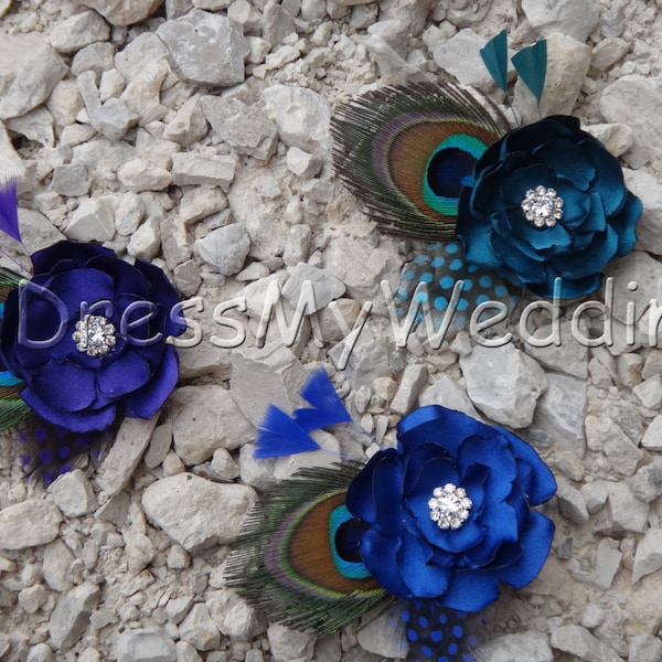 Bridesmaids satin peacock feather hair clip "Mary", customizable