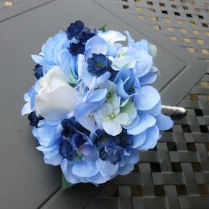 Blue Hydrangea bouquet with white roses,navy blue accent, Available in more colors