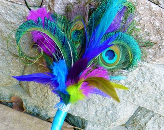 Ramo de plumas, pluma de pavo real, púrpura, azul, turquesa, ramo de plumas fucsia, ramo de plumas de pavo real, pequeño, verde lima