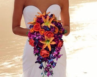 Cascading Bridal Bouquet Silk Flower Jewel Tone Orange Purple Orchid Cascade Artificial Rose Wedding Accessory Tropical Destination Ceremony