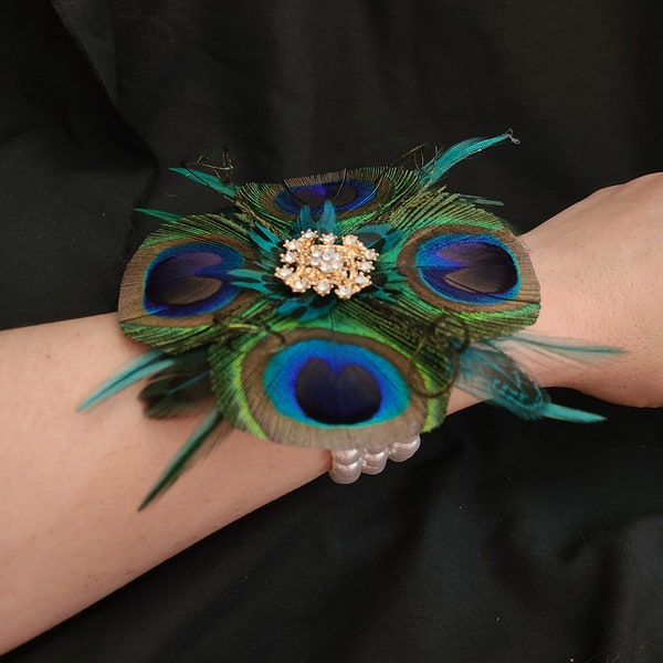 Peacock pearl wrist corsage, teal feather wristlet, rhinestone, bridesmaids, prom