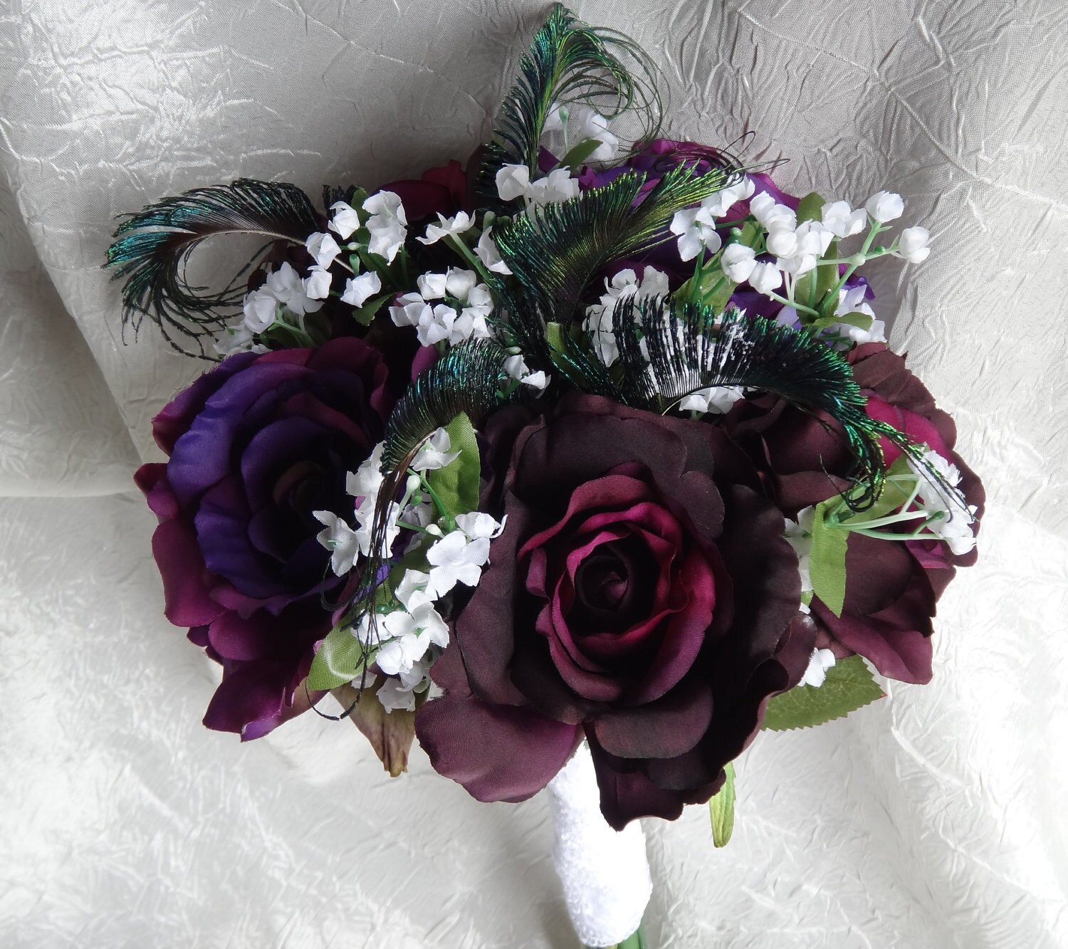 Purple bridal bouquet with peacock accent eggplant and Etsy