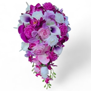 Fuchsia bouquet, purple bouquet, pink, lavender and white bouquet, cascading bouquet, artificial bouquet