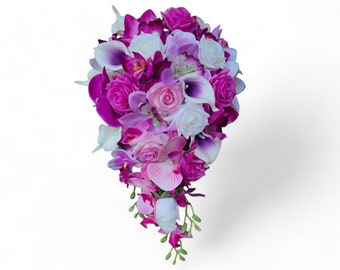Fuchsia purple, pink, lavender and white bouquet, orchid and rose bouquet, calla, artificial cascade bouquet