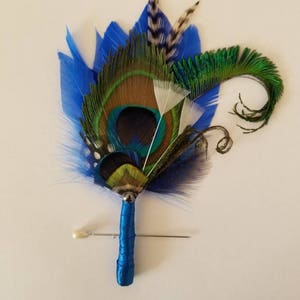 Peacock  boutonniere, white feather, customize ribbon color to match your wedding colors