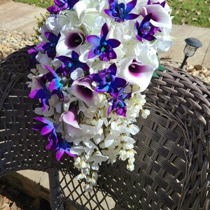 Cascading Purple blue dendrobium orchid bouquet, hydrangeas, wisterias, picasso calla lilies image 6