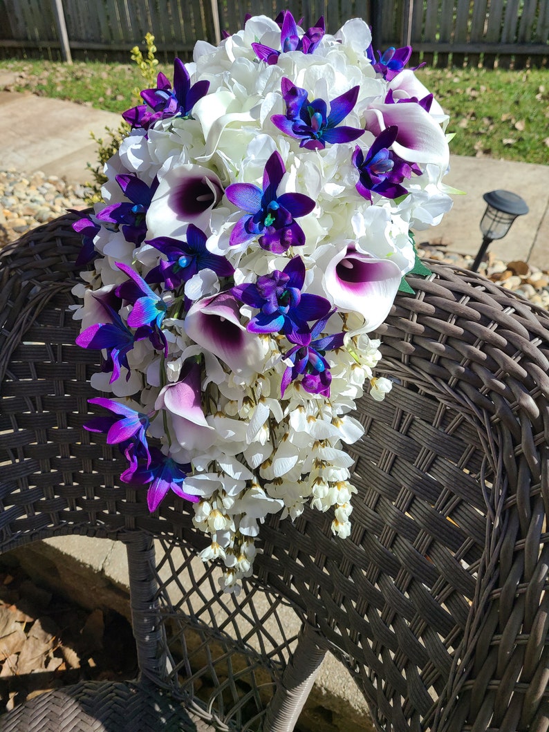 Cascading Purple blue dendrobium orchid bouquet, hydrangeas, wisterias, picasso calla lilies image 6