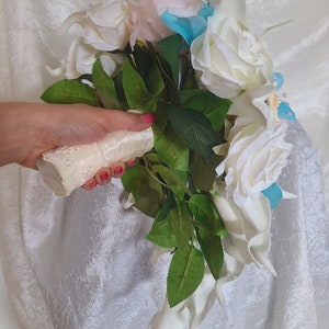 Ivory, pink, aqua blue cascading bridal bouquet, calla lily, rose, bridal bouquet with artificial flowers, silk flowers,real touch calla image 8