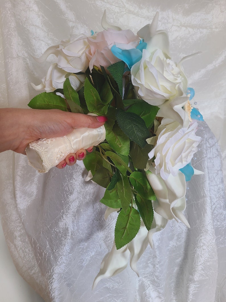 Ivory, pink, aqua blue cascading bridal bouquet, calla lily, rose, bridal bouquet with artificial flowers, silk flowers,real touch calla image 8