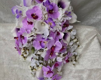 Bridal cascade bouquet, white, lavender, light purple picasso, dendrobium orchid, hydrangea bouquet