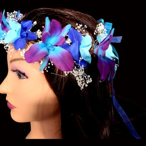 Bridal hair wreath, flower girl crown, galaxy orchid , purple turquoise, girl head accessory, flower wreath