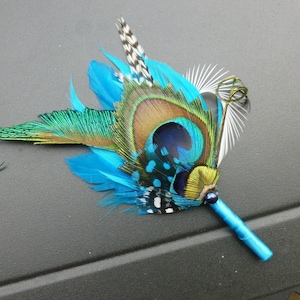 Peacock boutonniere, button hole, peacock feather, wedding, customize ribbon color to match your wedding colors image 4