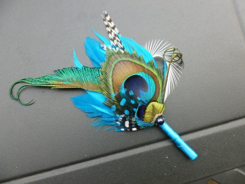 Peacock boutonniere, button hole, peacock feather, wedding, customize ribbon color to match your wedding colors image 4