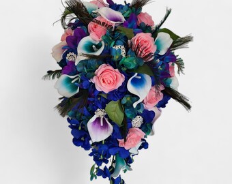 Teal, blue, purple bouquet, cascading peacock bouquet, pink accent