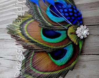 Peacock hair clip, fascinator, hair accessories, replace the green/blue with your wedding color