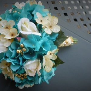 Turquoise, Gold, Chamapgne Bridal Bouquet With Ivory Roses, Hydrangea ...